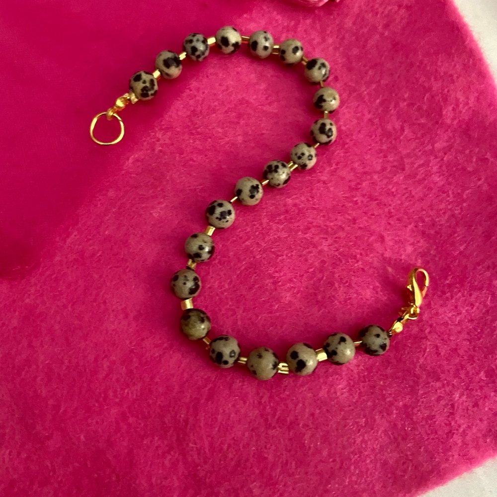 Natural Stone Black & White Dalmatian Bead Bracelet